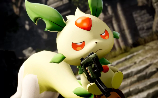 HD wallpaper of a character from the Palworld video game posing with a whimsical expression, set against an ancient ruin backdrop for desktops.