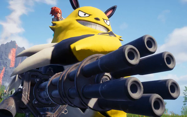HD wallpaper featuring a creature from the video game Palworld with multiple cannons on its back, set in a vividly rendered landscape.