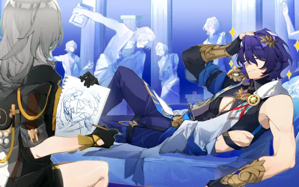 A vibrant HD wallpaper from Honkai: Star Rail featuring Dr. Ratio, lounging casually as a character sketches him, surrounded by ethereal figures in a captivating blue backdrop.