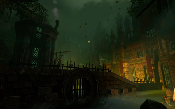 Spooky Graven video game HD wallpaper featuring a mysterious foggy gothic town with eerie buildings at night.