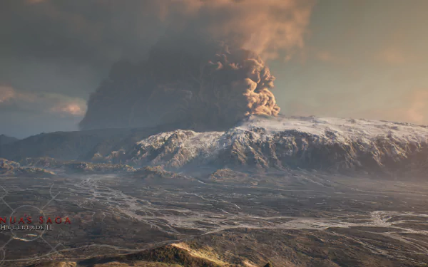 HD wallpaper of Senua's Saga: Hellblade II featuring a dramatic volcanic eruption scene for desktop background.