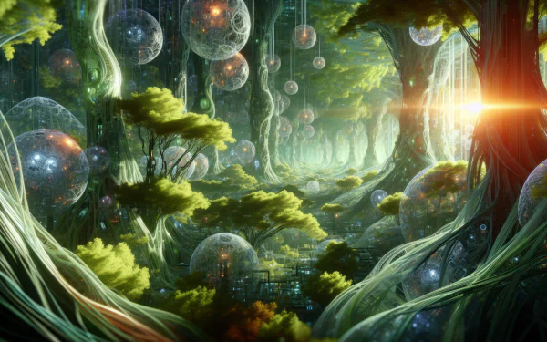 A vibrant, otherworldly forest with glowing foliage and ethereal bubbles, creating a surreal HD wallpaper that immerses viewers in a mystical landscape.