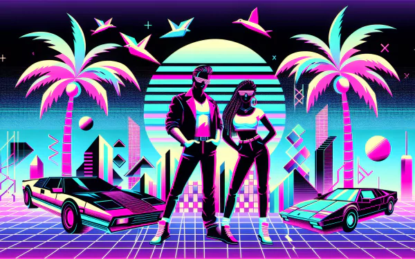 HD desktop wallpaper featuring stylized illustration of best friends with retro-futuristic aesthetic, including neon palm trees, sports cars, and geometric shapes.