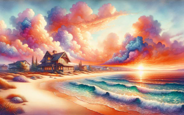 A vibrant beach house scene at sunset, featuring dramatic clouds and gentle waves, offers an inviting and serene coastal atmosphere in this HD desktop wallpaper.