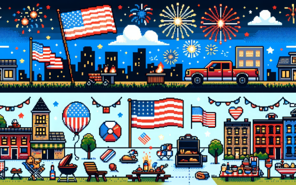 4th of July HD desktop wallpaper featuring fireworks, American flags, and festive city scene.