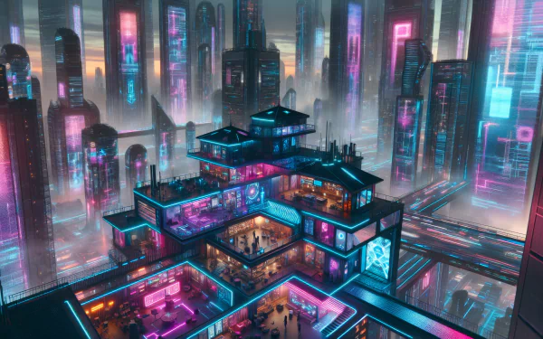 A vibrant HD desktop wallpaper featuring a futuristic cityscape with neon lights, towering skyscrapers, and a multi-level building bustling with energy and colorful illumination.
