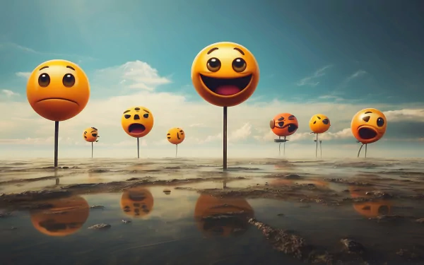 HD wallpaper featuring a row of different emoticons on sticks with reflections on water against a picturesque sky background.