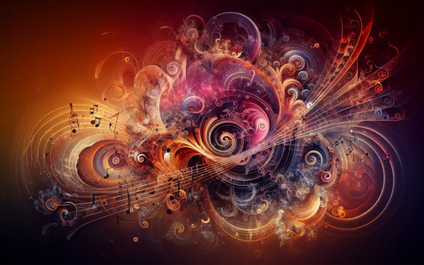 Abstract HD wallpaper with swirling patterns and musical notes in warm colors.