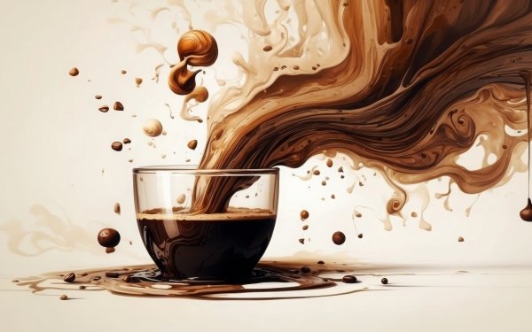 HD wallpaper featuring a dynamic coffee splash in a glass cup with swirling liquid motion, embodying physics concepts, perfect for desktop background.