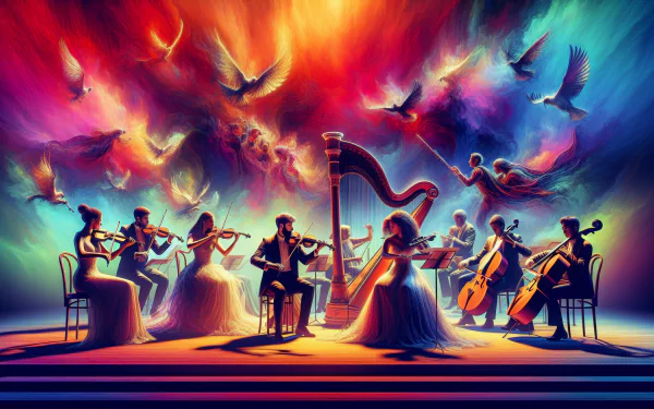 HD wallpaper featuring a colorful artistic representation of an orchestra with musicians playing various instruments against a vibrant abstract background.