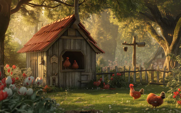 HD wallpaper of a serene chicken coop scene with chickens and lush greenery for desktop background.