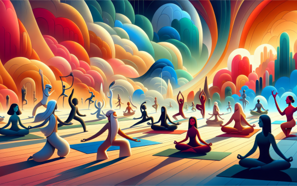 Colorful HD yoga-themed desktop wallpaper featuring animated characters practicing various yoga poses with a vibrant, whimsical background.