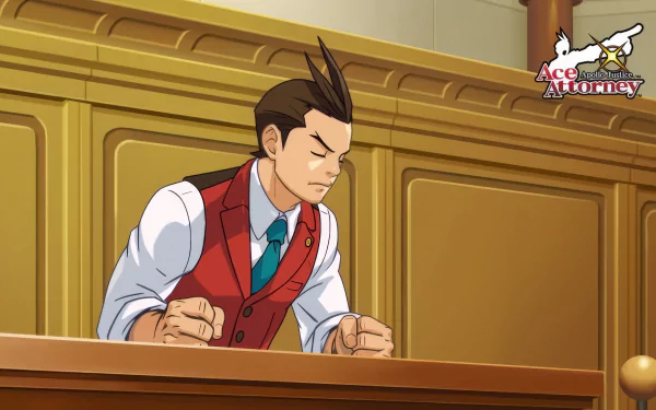 HD wallpaper of Apollo Justice from the Ace Attorney Trilogy video game, depicting the character intently focused in a courtroom setting.