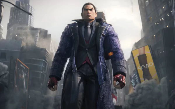 Kazuya Mishima stands imposing in a dramatic urban landscape from Tekken 8, showcasing intense detail in this HD desktop wallpaper.