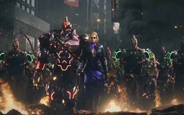 HD wallpaper of Nina Williams from Tekken 8 video game, featuring her standing confidently amidst robotic enemies.