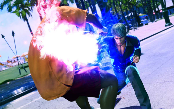 An intense scene from the video game Like a Dragon: Infinite Wealth, featuring a dynamic fight with vibrant energy effects, showcased as an HD desktop wallpaper and background.