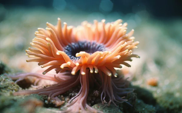 A vibrant sea anemone with flowing orange and purple tentacles sits on the ocean floor, showcasing its intricate beauty in this HD desktop wallpaper.