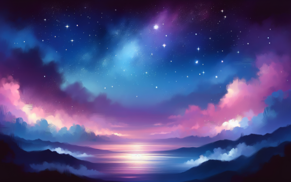 HD wallpaper of a stunning night sky with twinkling stars over a serene mountain lake, perfect for a desktop background.