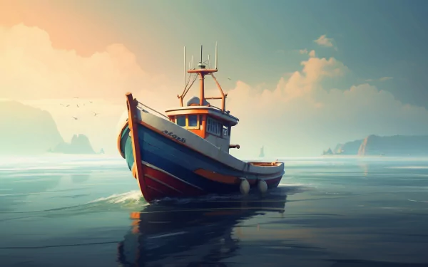 A serene fishing boat floats gently on calm waters, surrounded by soft clouds and distant land, creating a tranquil HD desktop wallpaper and background.