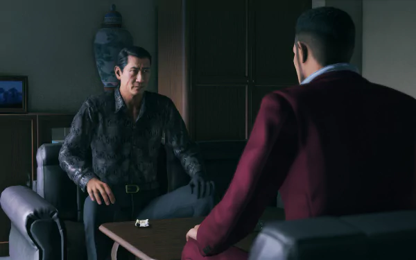 HD Wallpaper of a pivotal scene from Yakuza: Like a Dragon featuring two characters in a tense office conversation for desktop background.