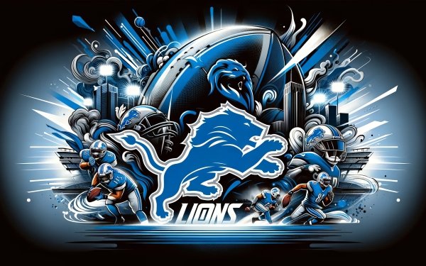 Dynamic Detroit Lions NFL team HD desktop wallpaper featuring stylized football action, team logo, and Super Bowl theme, ideal for sports enthusiasts.