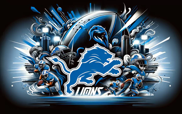 Vibrant HD wallpaper featuring the Detroit Lions' logo, showcasing dynamic football action and urban elements, representing the spirit of the NFL and Super Bowl excitement.