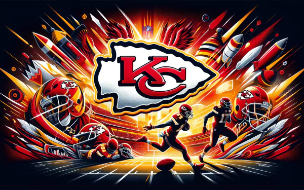 Vibrant HD wallpaper featuring the Kansas City Chiefs, showcasing dynamic football action, helmets, and explosive graphics, celebrating the excitement of the NFL Super Bowl.