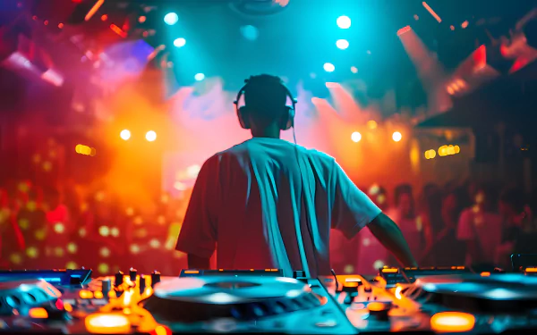 HD desktop wallpaper featuring a DJ at a nightclub playing music with partygoers dancing in a vibrant, colorful setting.