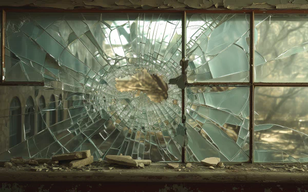 HD desktop wallpaper featuring a detailed view of a shattered glass window with a blurred background.