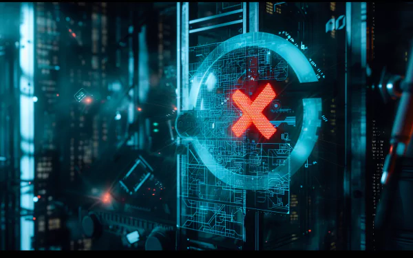 HD desktop wallpaper featuring a holographic error symbol in a futuristic technology setting.