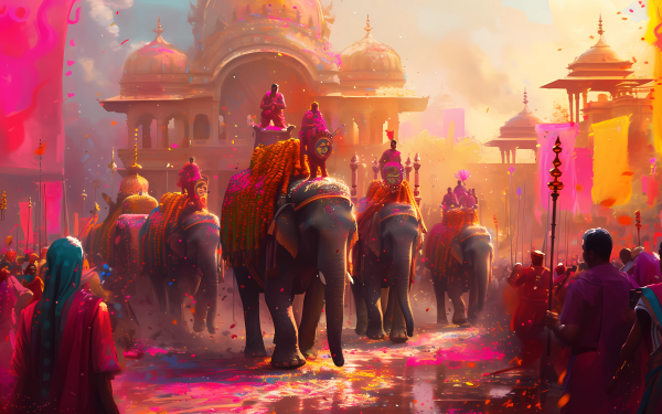 Vibrant HD desktop wallpaper featuring a festive elephant parade at a cultural festival with people and colorful temples in the background.