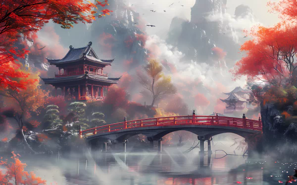 HD Autumn-themed wallpaper featuring a traditional Japanese scene with a red bridge and pagoda surrounded by mist and vibrant red autumn leaves.