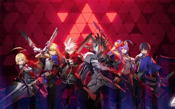 HD wallpaper featuring characters from the video game BlazBlue Entropy Effect, showcasing dynamic poses against a red geometric background.