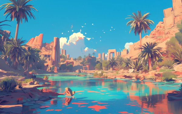 HD wallpaper of a tranquil desert oasis with vibrant blue waters, lush palm trees, and red rock formations under a clear sky.