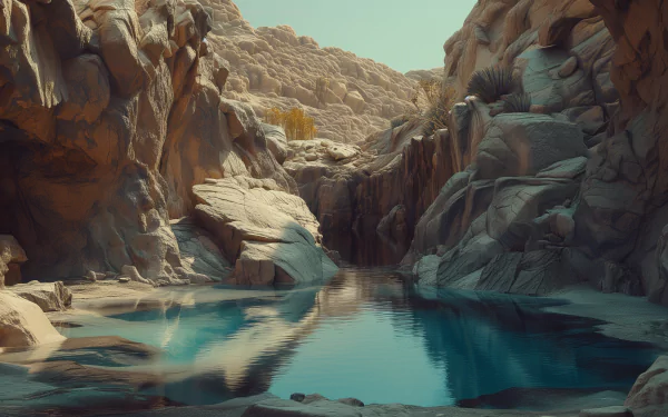 A serene desert oasis surrounded by rocky cliffs and a tranquil blue pool, creating a stunning HD desktop wallpaper and background that captures nature's beauty.