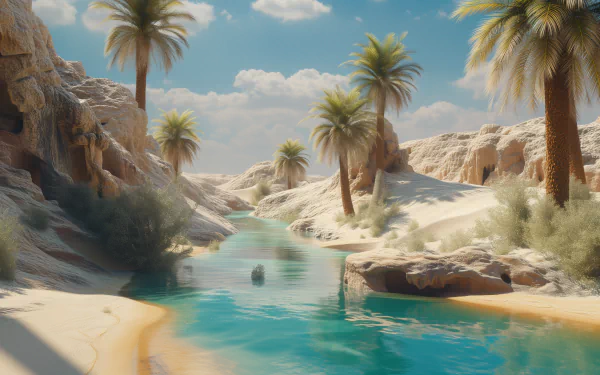 A serene desert oasis featuring palm trees and a crystal-clear stream, set against a stunning HD background of sandy dunes and a bright blue sky.