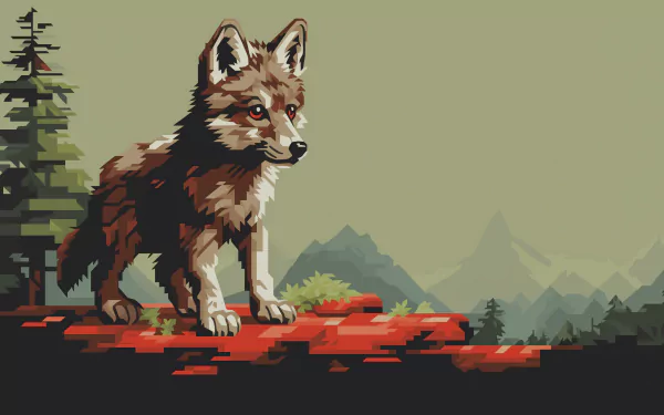 A captivating HD desktop wallpaper featuring a wolf cub standing on a rocky ledge, surrounded by lush greenery and distant mountains, embodying the beauty of wildlife.