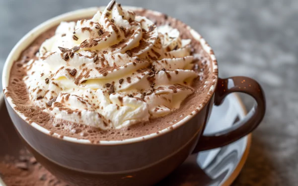 HD desktop wallpaper of a steaming cup of hot chocolate topped with whipped cream and chocolate shavings.