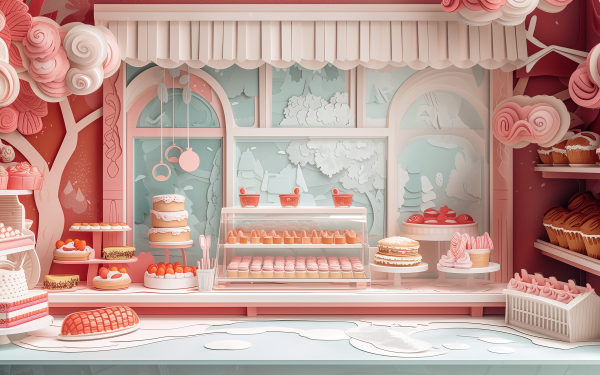 HD desktop wallpaper of a charming pink bakery with assorted pastries and cakes on display.