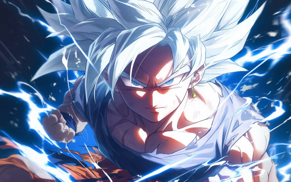 HD wallpaper of Goku in Ultra Instinct form from Dragon Ball, with dynamic blue energy effects surrounding him.