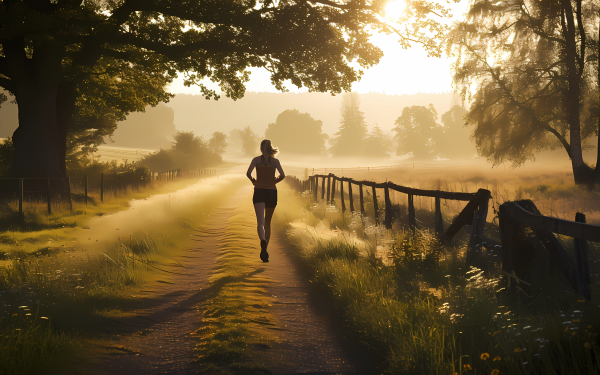 Person jogging on a sunny morning in the peaceful countryside, ideal HD wallpaper for nature and fitness enthusiasts.