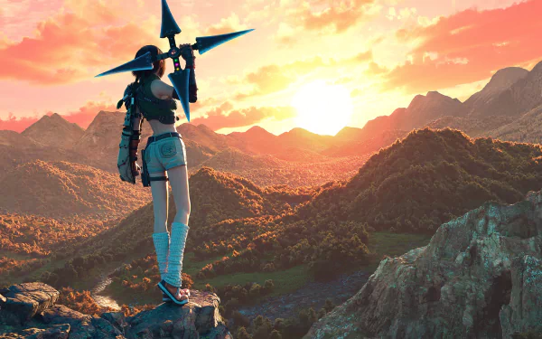 A striking HD wallpaper from Final Fantasy VII Rebirth, featuring a character standing on a rocky outcrop, holding a weapon, with a breathtaking sunset and mountain landscape in the background.