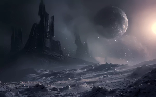 HD desktop wallpaper featuring a dystopian planetscape with towering structures amid a barren, snowy terrain under a starry sky with a prominent planet and glowing sun in the background, encapsulating post-apocalyptic serenity.