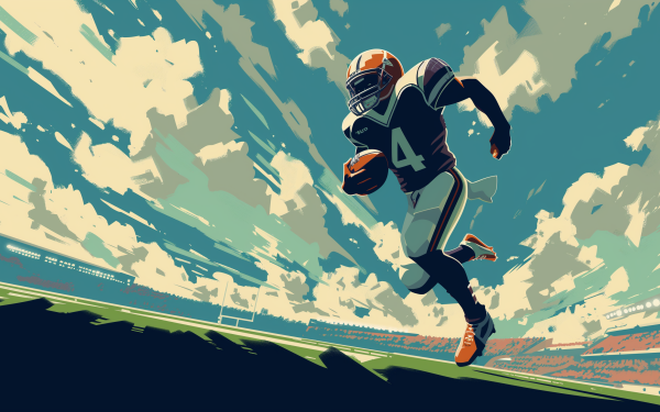 HD desktop wallpaper featuring a stylized football player scoring a touchdown in a dynamic pose with a vibrant, cloud-filled sky in the background, perfect for sports enthusiasts.