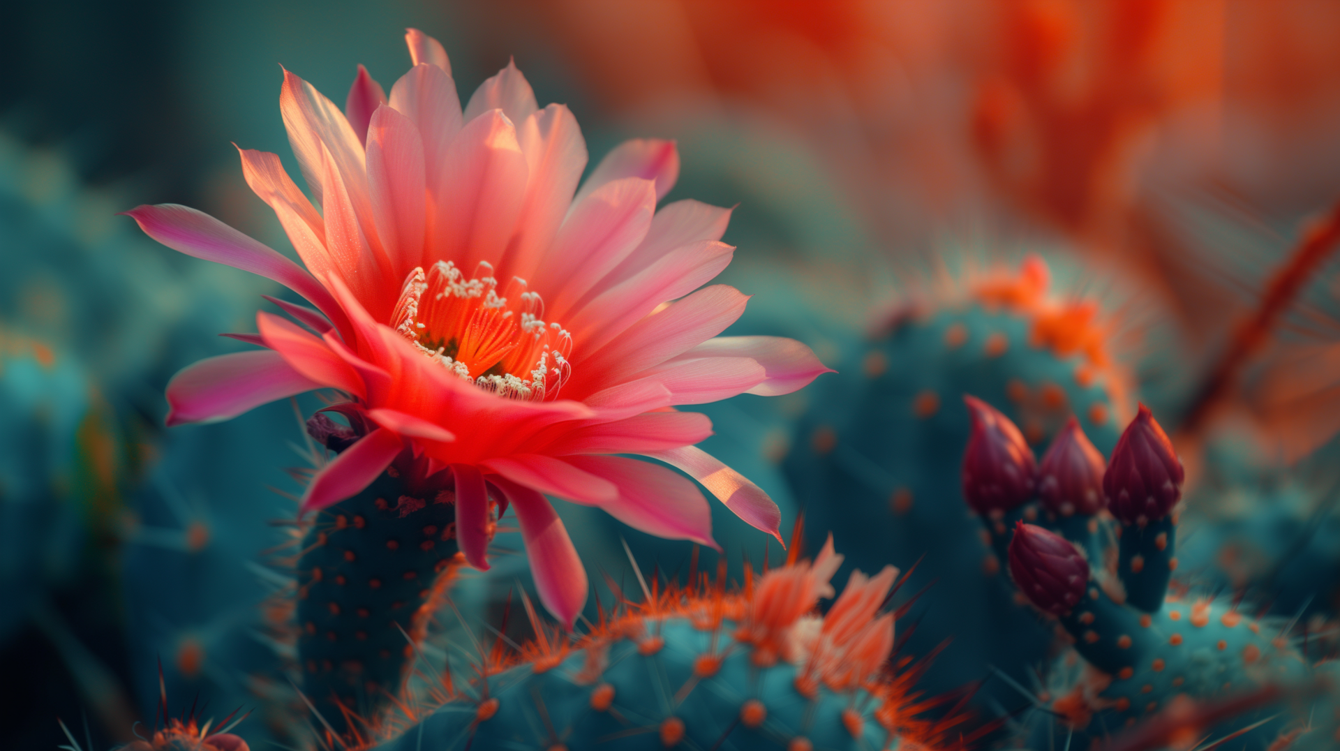 Vibrant pink prickly pear cactus flower blooming, surrounded by the thorny pads of the cactus, in a HD nature desktop wallpaper background.