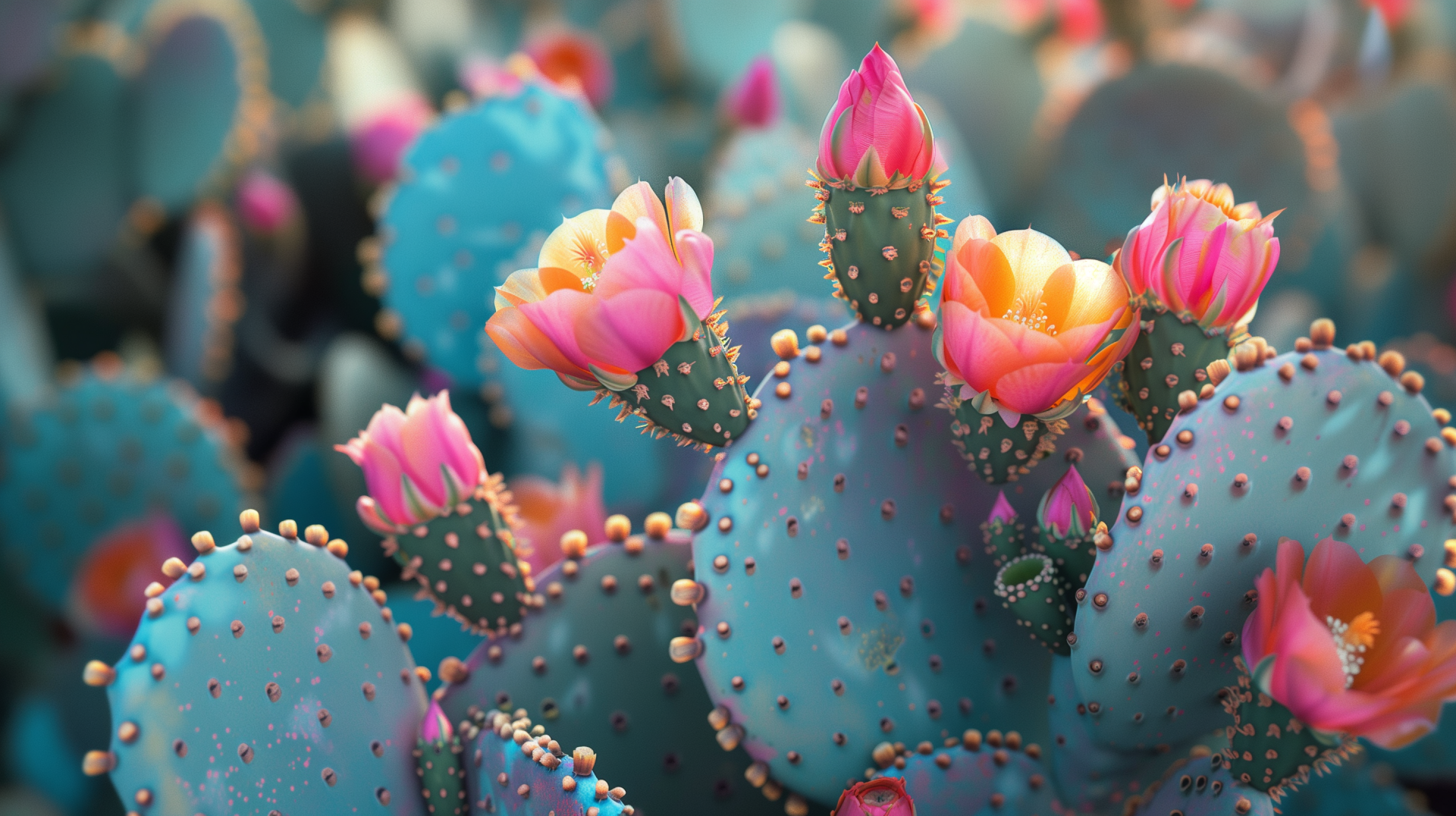 Close-up HD wallpaper of a prickly pear cactus adorned with vibrant cactus flowers, showcasing the natural beauty of desert flora.