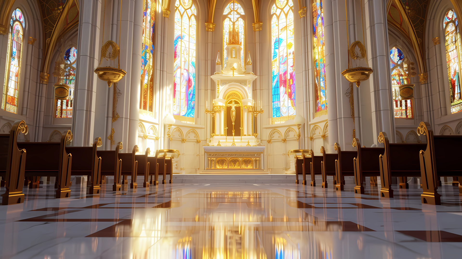 HD wallpaper of a church interior with golden altar, stained glass, and gothic architecture, symbolizing faith and religion.