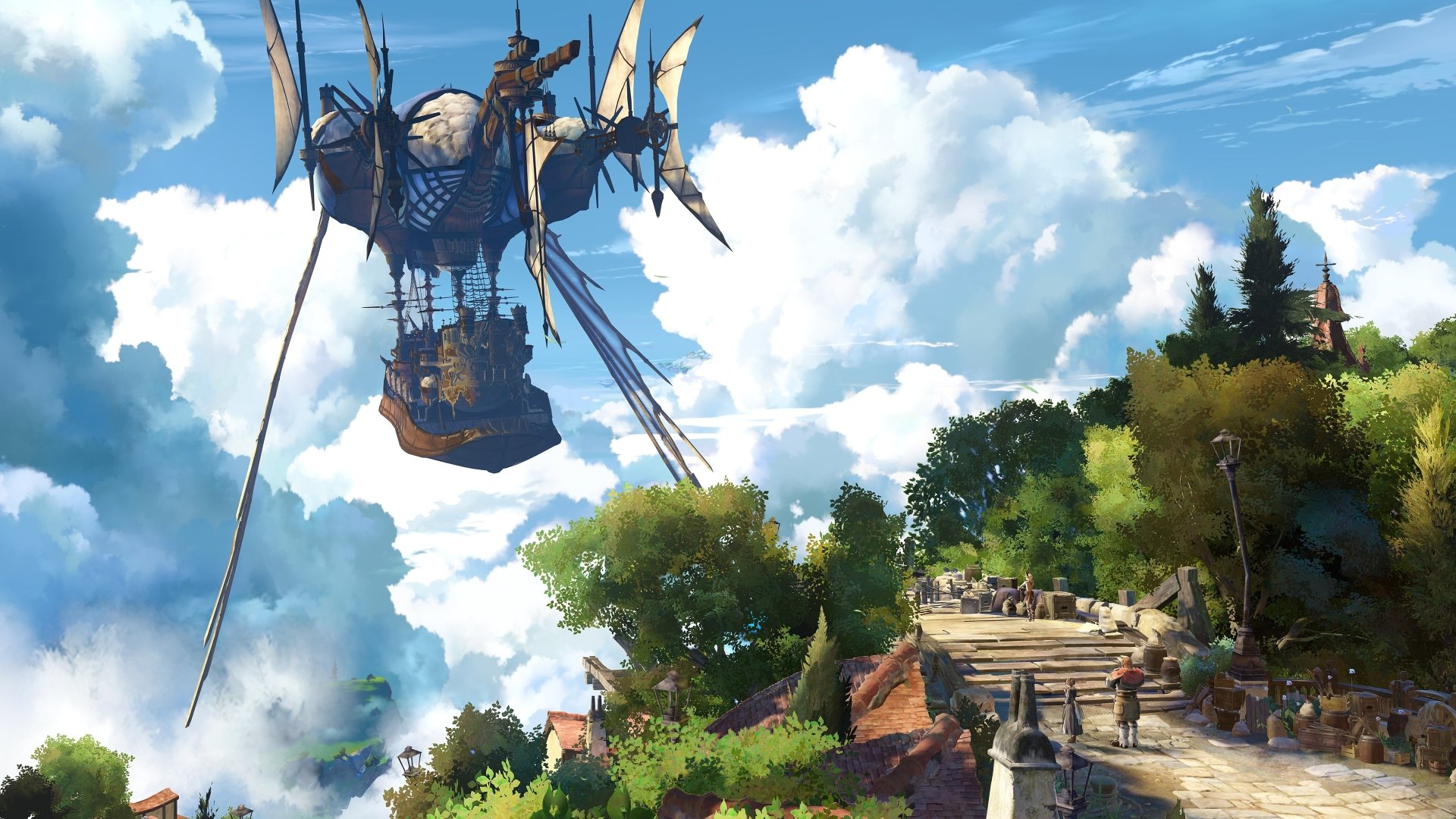 HD wallpaper from the video game Granblue Fantasy: Relink featuring an airship flying over a vibrant, cloud-kissed landscape.