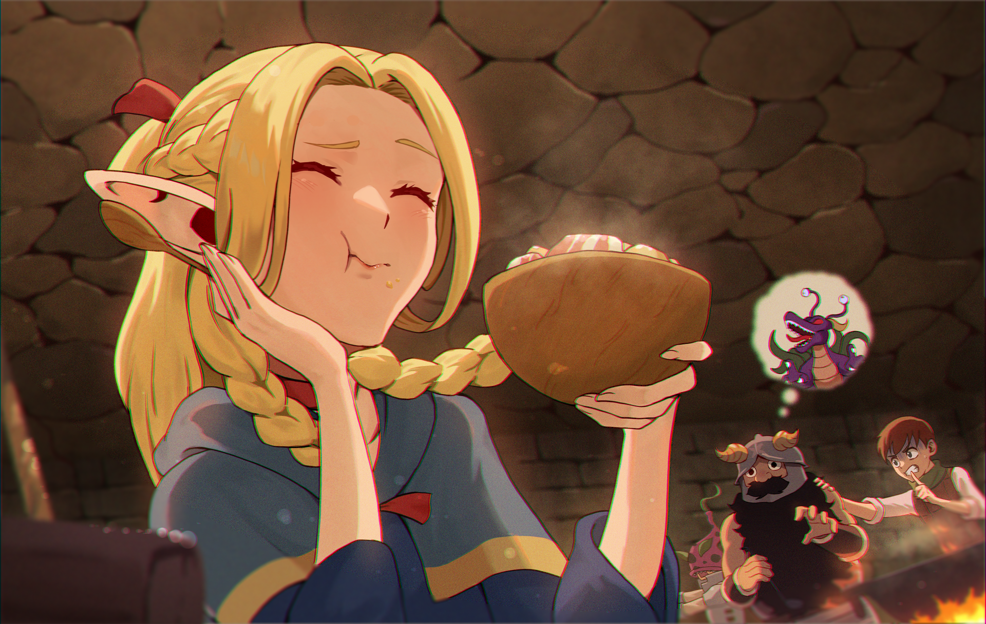 Anime-style HD desktop wallpaper featuring Marcille Donato from Delicious in Dungeon enjoying a meal with a warm, cozy dungeon background.