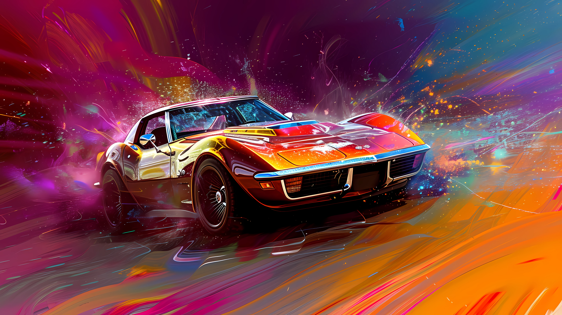Vibrant HD desktop wallpaper featuring a Chevrolet Corvette Stingray with a dynamic color splash background.
